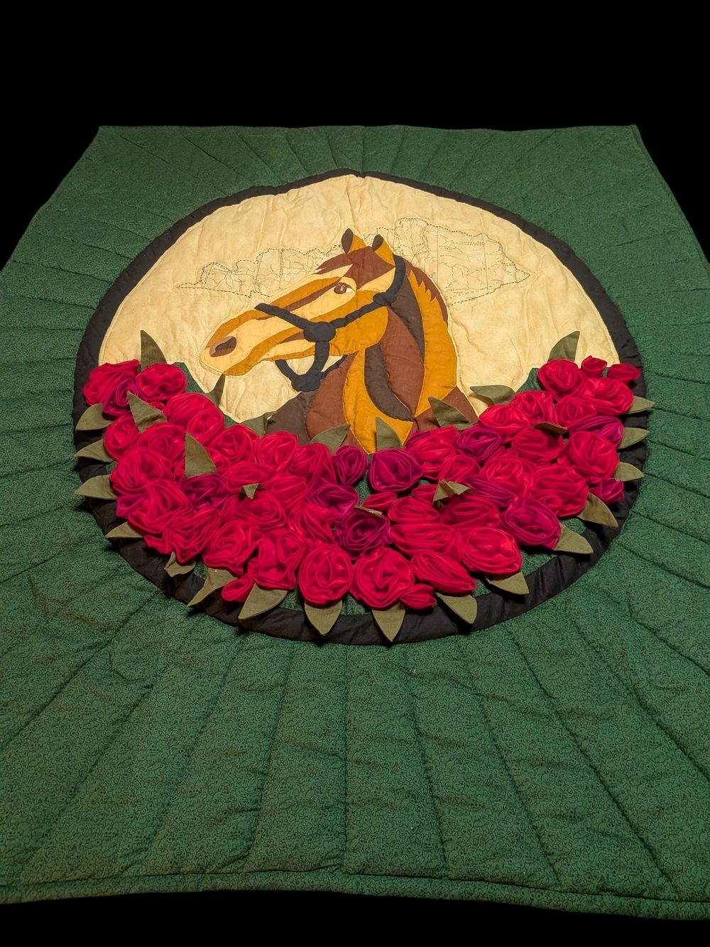 Handmade Horse Appliqué Quilt with Red Rose Trim